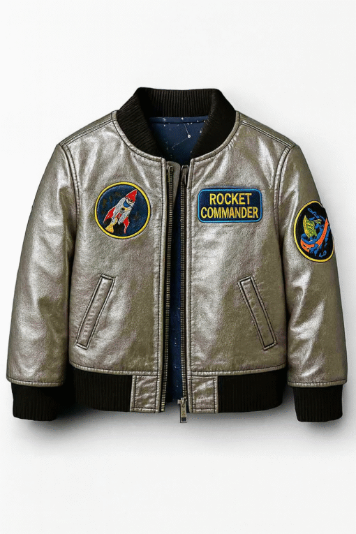 Kids Rocket Commander Faux Leather Bomber Jacket – Space-Themed Winter Flight Jacket (Silver)