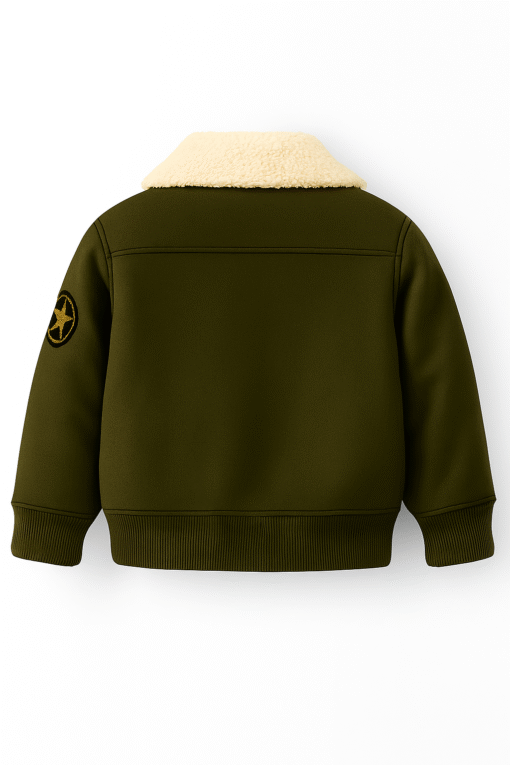 Kids Suede Leather Bomber Jacket – Sherpa Lined Winter Coat with Star Patch (Olive Green) - Image 2