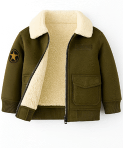 Kids Suede Leather Bomber Jacket – Sherpa Lined Winter Coat with Star Patch (Olive Green)