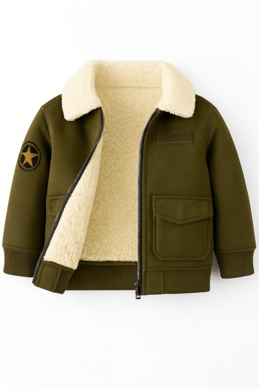 Kids Suede Leather Bomber Jacket – Sherpa Lined Winter Coat with Star Patch (Olive Green)
