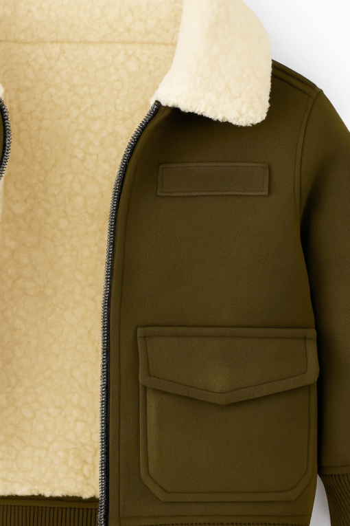 Kids Suede Leather Bomber Jacket – Sherpa Lined Winter Coat with Star Patch (Olive Green) - Image 3