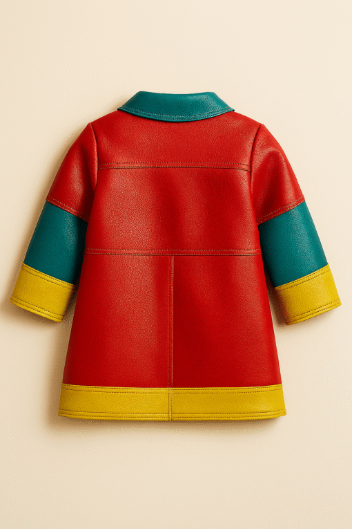 Colorblock Faux Leather Kids Jacket – Red, Teal & Yellow - Image 2