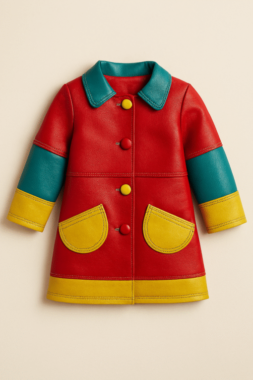 Colorblock Faux Leather Kids Jacket – Red, Teal & Yellow