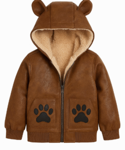 Real Cow Leather Bear Hoodie Jacket – Brown | Kids Winter Outerwear