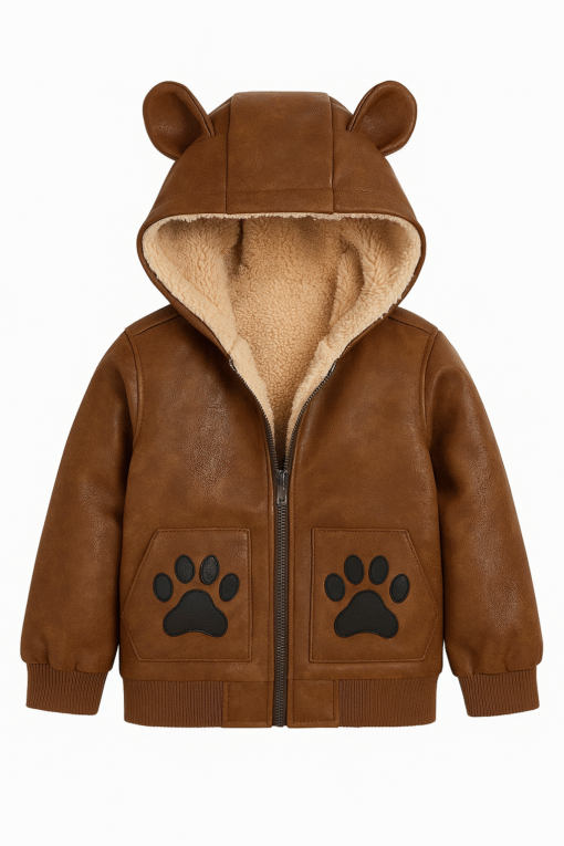 Real Cow Leather Bear Hoodie Jacket – Brown | Kids Winter Outerwear