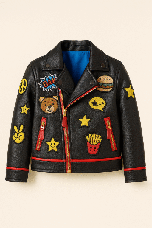 Real Leather Kids Patch Jacket – Black