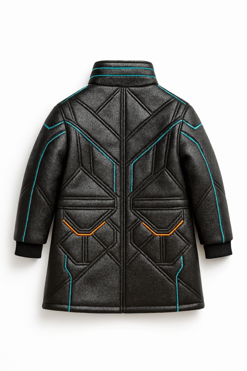 Real Leather Futuristic Kids Coat – Black with Turquoise & Orange Accents | Sci-Fi Inspired Outerwear Ages 2–12 - Image 2