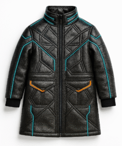 Real Leather Futuristic Kids Coat – Black with Turquoise & Orange Accents | Sci-Fi Inspired Outerwear Ages 2–12