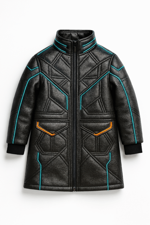 Real Leather Futuristic Kids Coat – Black with Turquoise & Orange Accents | Sci-Fi Inspired Outerwear Ages 2–12