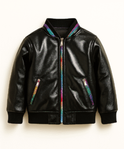 Real Leather Rainbow Zipper Bomber Jacket – Black