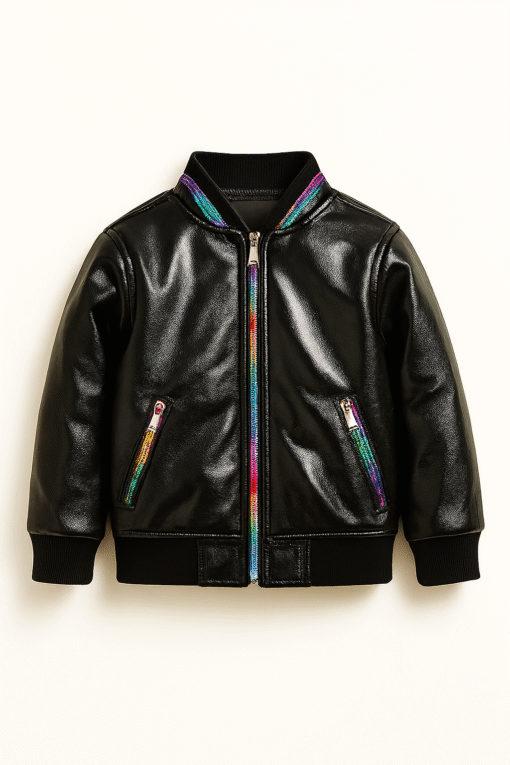 Real Leather Rainbow Zipper Bomber Jacket – Black