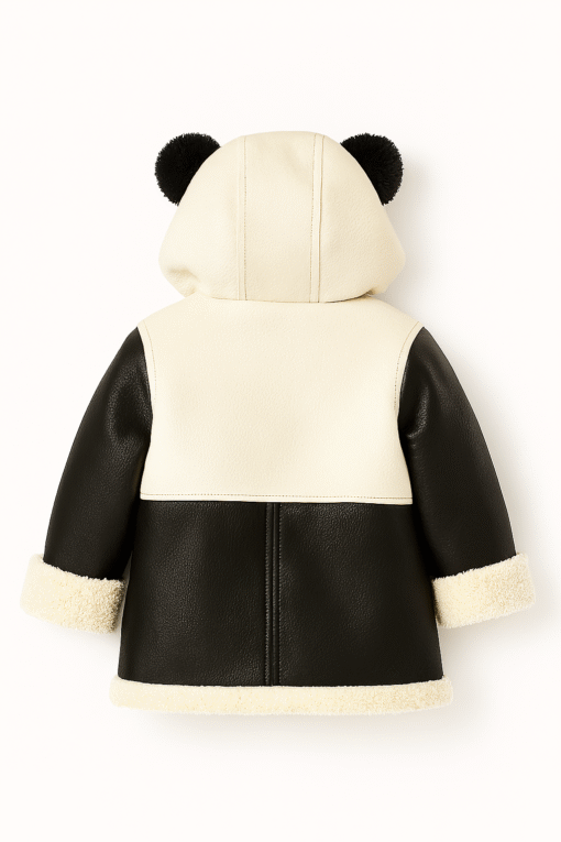 Real Leather Panda Hoodie Jacket – Black & Cream - Image 2