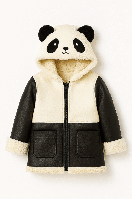 Real Leather Panda Hoodie Jacket – Black & Cream