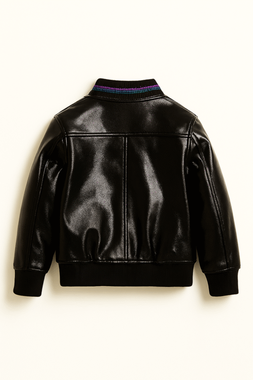 Real Leather Rainbow Zipper Bomber Jacket – Black - Image 2