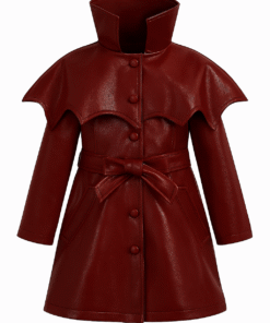 Real Leather Cape-Style Kids Coat – Deep Red