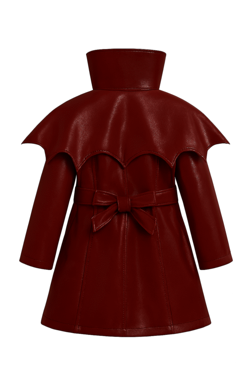 Real Leather Cape-Style Kids Coat – Deep Red - Image 2