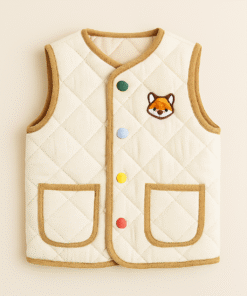 Cotton Fleece Quilted Kids Vest – Cream with Fox Patch & Multicolor Buttons