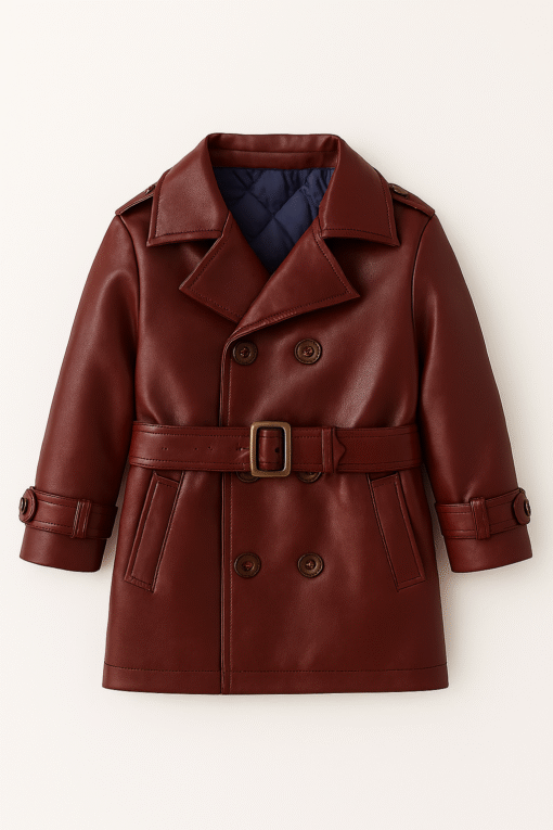 Real Sheep Leather Kids Trench Coat – Burgundy