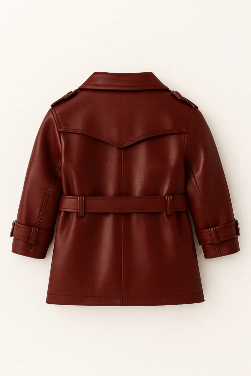 Real Sheep Leather Kids Trench Coat – Burgundy - Image 2