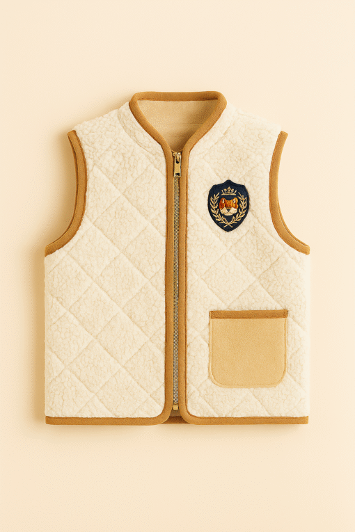 Cotton Fleece Quilted Kids Vest – Cream with Crest Patch