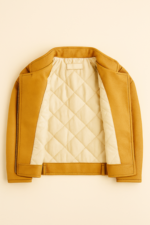 Real Leather Kids Biker Jacket – Mustard Yellow with Leaf Embroidery | Stylish Outerwear Ages 2–12 - Image 3