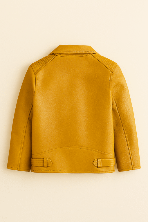 Real Leather Kids Biker Jacket – Mustard Yellow with Leaf Embroidery | Stylish Outerwear Ages 2–12 - Image 2
