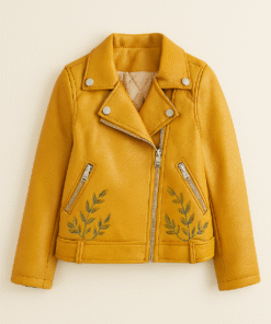 Real Leather Kids Biker Jacket – Mustard Yellow with Leaf Embroidery | Stylish Outerwear Ages 2–12