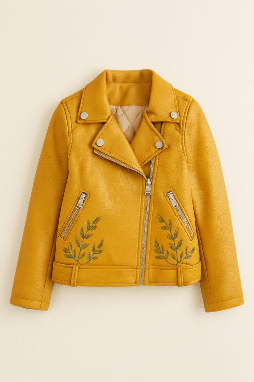 Real Leather Kids Biker Jacket – Mustard Yellow with Leaf Embroidery | Stylish Outerwear Ages 2–12