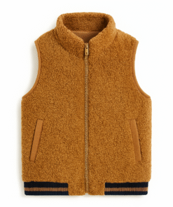 Cotton Teddy Fleece Kids Vest – Warm Brown with Ribbed Hem