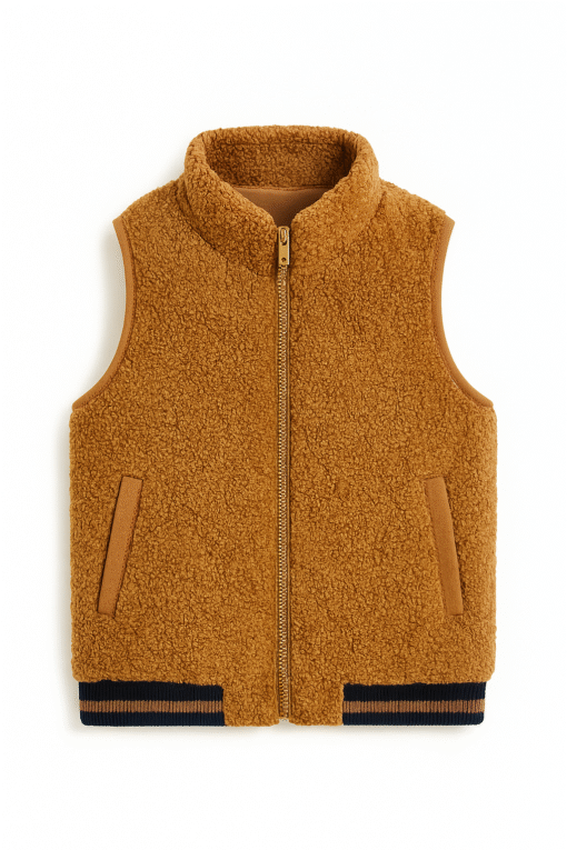 Cotton Teddy Fleece Kids Vest – Warm Brown with Ribbed Hem