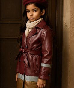 Real Leather Colorblock Kids Trench Coat – Burgundy, Gray & Mustard