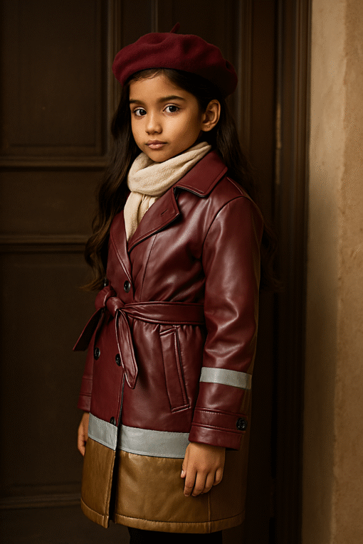 Real Leather Colorblock Kids Trench Coat – Burgundy, Gray & Mustard