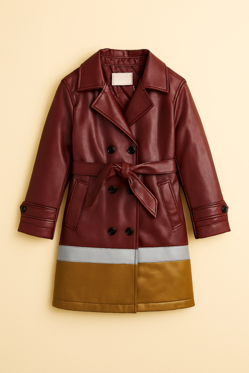 Real Leather Colorblock Kids Trench Coat – Burgundy, Gray & Mustard - Image 2